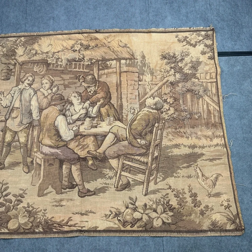 Vintage Made in Belgium Woven Wall‎ Tapestry Tavern Scene European Textile Art